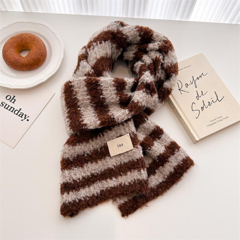 Small Fresh Literary And Artistic Color Matching Wool Knitted Scarf Medium And Long Shawl Scarf Versatile Warm For Women