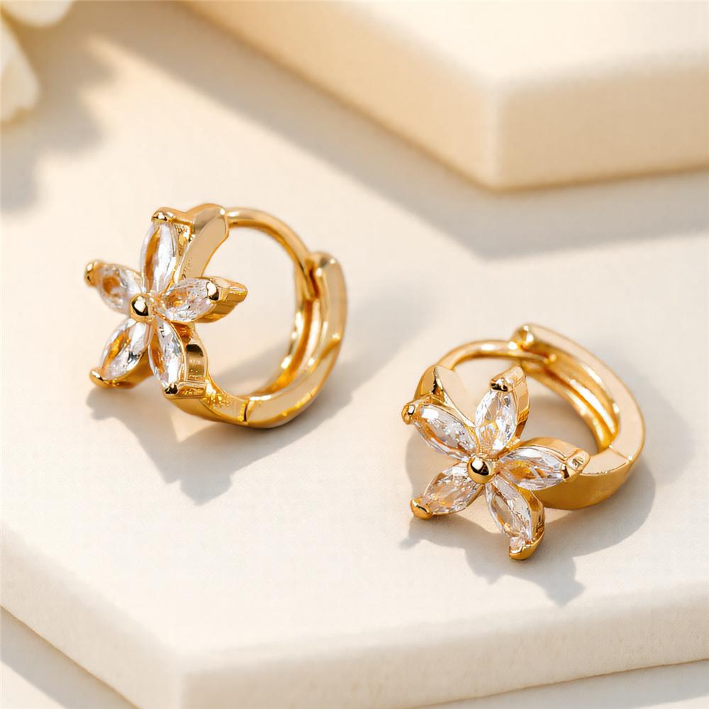 Charm White Zircon Stone Flower Hoop Earrings For Women Vintage Female  Gold Color Wedding Jewelry