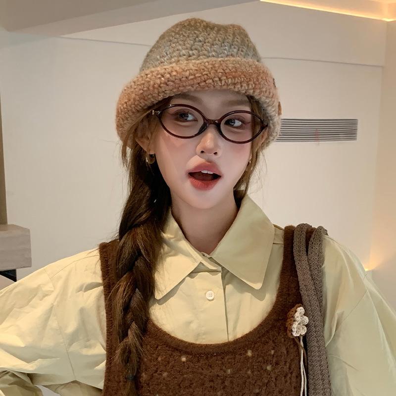 Autumn and winter button knitted bucket hat women's autumn and winter versatile face small headgear big head circumference warm hair