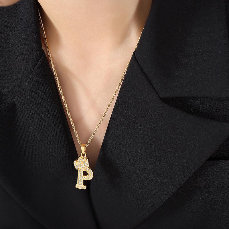 Smart Crown Necklace Korean Version Creative Fashion Design Zircon 26 Letter Pendant Gold-Plated Collarbone Chain Jewelry
