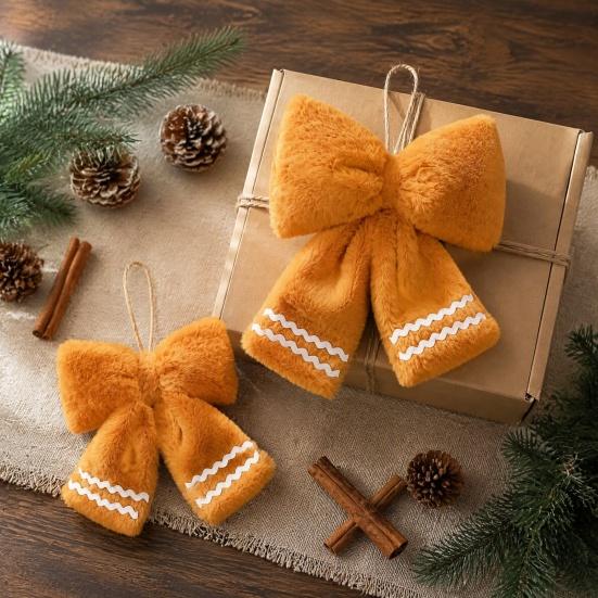 Indoor Holiday Party Supplies Plush Gingerbread Christmas Tree Bow, Soft Furry Bow Hanging Ornament for Xmas Tree, Wreath, Door, Staircases,