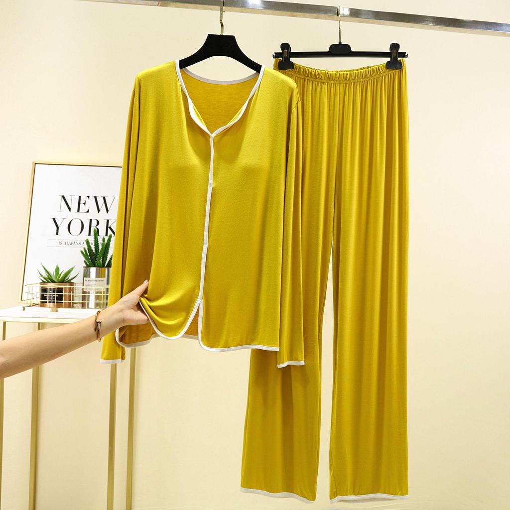 Модальный пижамный комплект с длинным рукавом и нагрудными вкладышами для женщин - Повседневный двухпредметный комплект на осень/зиму с отделкой