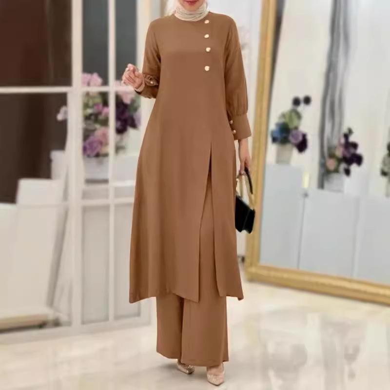 2024 Elegant Muslim Women's Two-Piece Set: Long Sleeve Shirt & Wide-Leg Pants with Side Slit