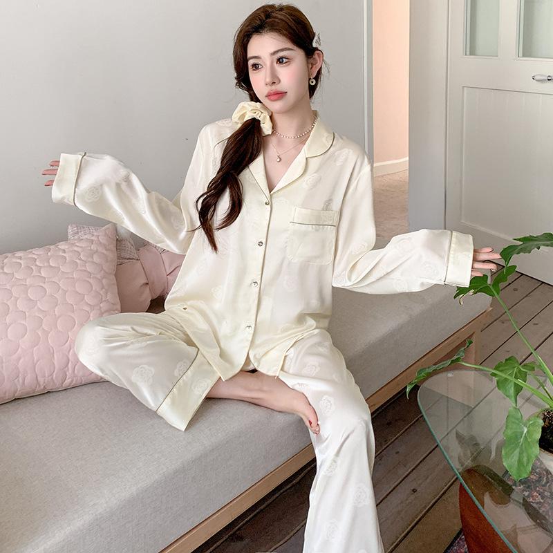 1011 new ice silk pajamas women's solid color lapel fashion thin long-sleeved trousers loungewear can be worn outside the suit
