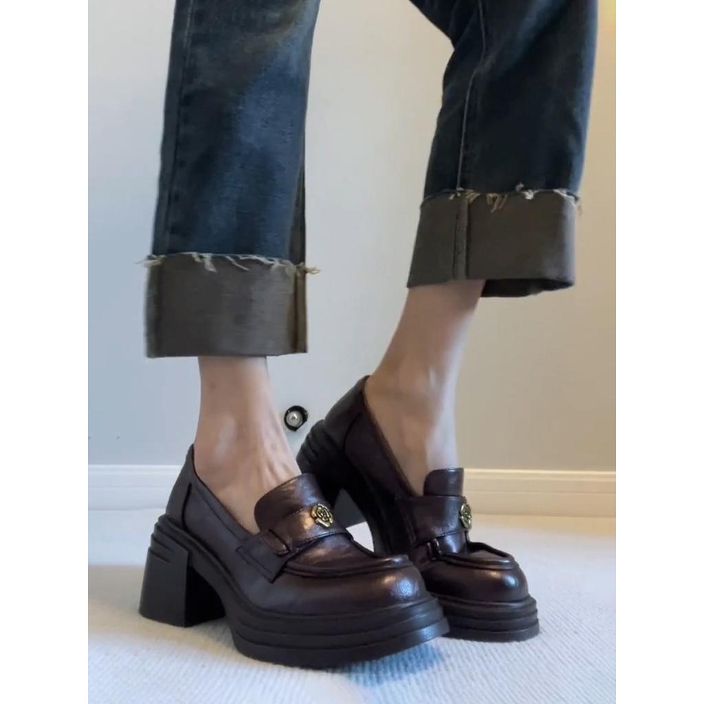 Cowhide Version~ High-heeled Loafers Retro Camellia Round Head Thick Sole One-pedal Small Leather Shoes Commuting Thick Heels Single Shoes