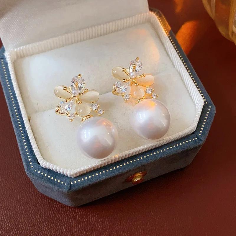 18k Gold Electroplated Flower Pearl Earrings for Women High-end Fashion Drop Earring Literary Retro Versatile Zircon Gifts