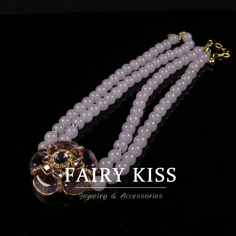 Б/у Фиолетовый набор ювелирных изделий с цветами персика, двойной слой: Ожерелье и серебряные серьги-гвоздики 925 пробы в изысканном придворном стиле.