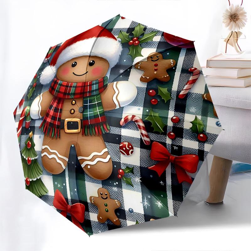 1pc Christmas Gingerbread Man Auto-Folding Umbrella, Portable 3-Fold Design with 8-Rib Iron Frame, Perfect for Fans, Travelers, Daily Use, and Festive