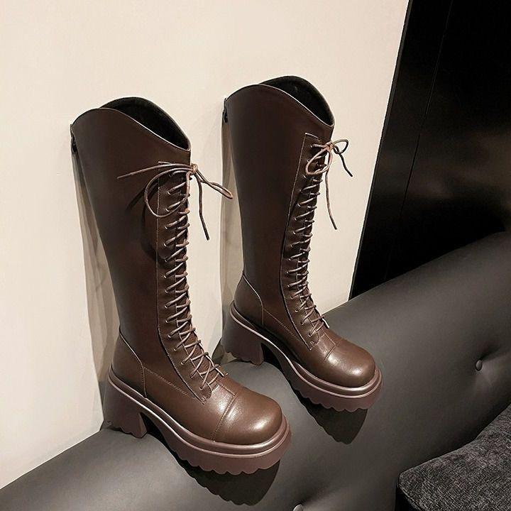 Платформенные сапоги с V-образным вырезом женские 2025 осень и зима тонкий толстый каблук высокие сапоги до колена универсальные сапоги в рыцарском стиле инс