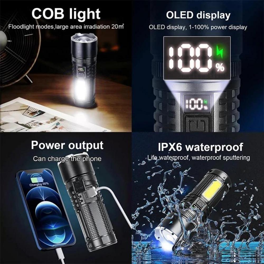 Белый лазерный телескопический зум-фонарик, перезаряжаемый через USB, мощный фонарь, фонарь с цифровым дисплеем, лампа для кемпинга на открытом воздухе