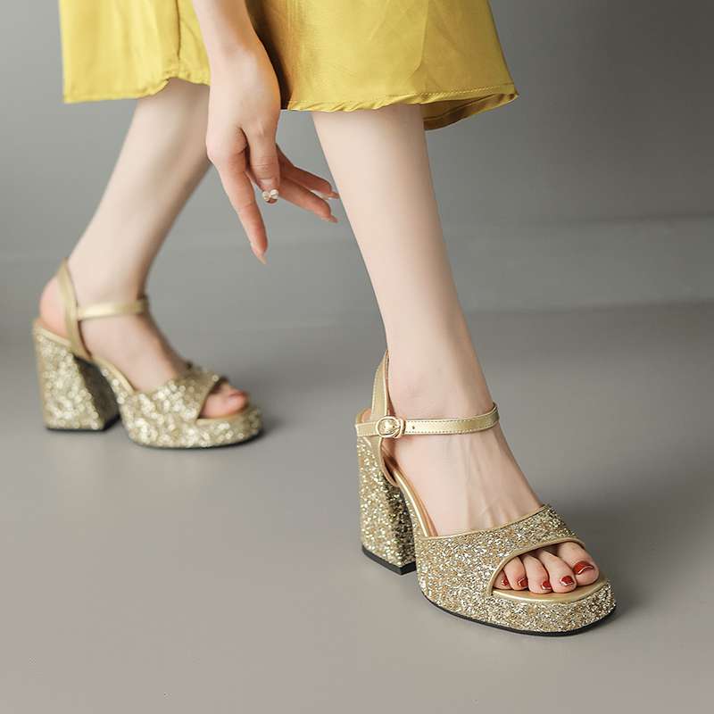 Krazing Pot Sequin Cloth Peep Toe Super High Heels Summer Shoes Buckle Straps Modern Party Fashion Women Sandals
