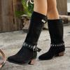 Fashion New Fashionable and Trendy Plus-size Autumn and Winter Western Cowboy Boots, Retro Chunky Mid-calf Boots with Buckle Straps