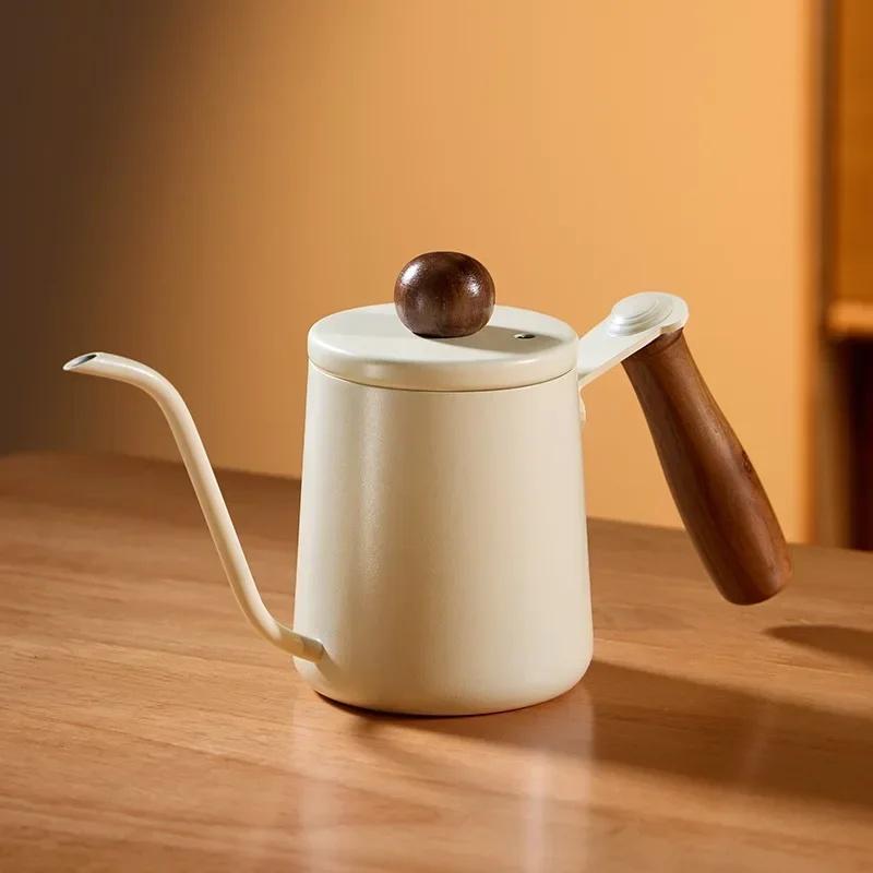 350/600ML Hand Brewed Coffee Pot 304 Stainless Steel Household Narrow Mouth Solid Wood Handle Milk Foam Kitchen Cafe Accessories