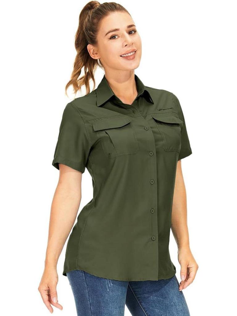 Женская летняя рубашка 2026 с коротким рукавом, быстросохнущая - Однотонная, с нагрудным карманом, дышащая, повседневная, для активного отдыха, европейский и американский стиль