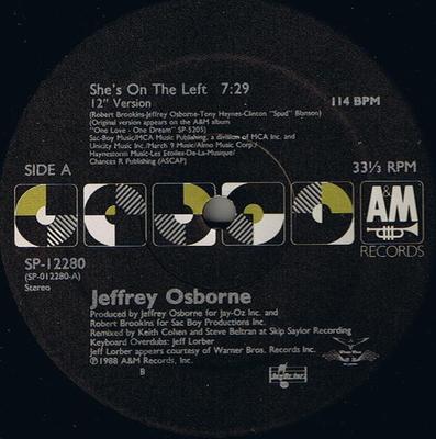 12-дюймовая пластинка JEFFREY OSBORNE - She's On The Left SP12280 A&M Records 1988 US Танцевальная и Электронная Б/У