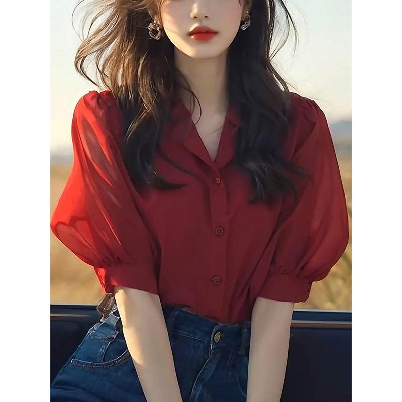 Стильная красная блузка с пышными рукавами для женщин миниатюрного роста, летняя, повседневная, универсальная женская блузка