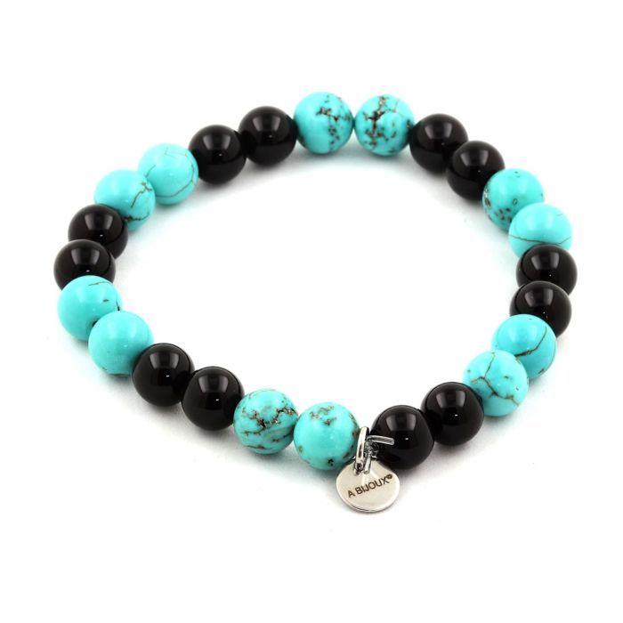 Stones and Minerals. Turquoise Pearl Bracelet + Black Agate 8 Mm. Made In France.