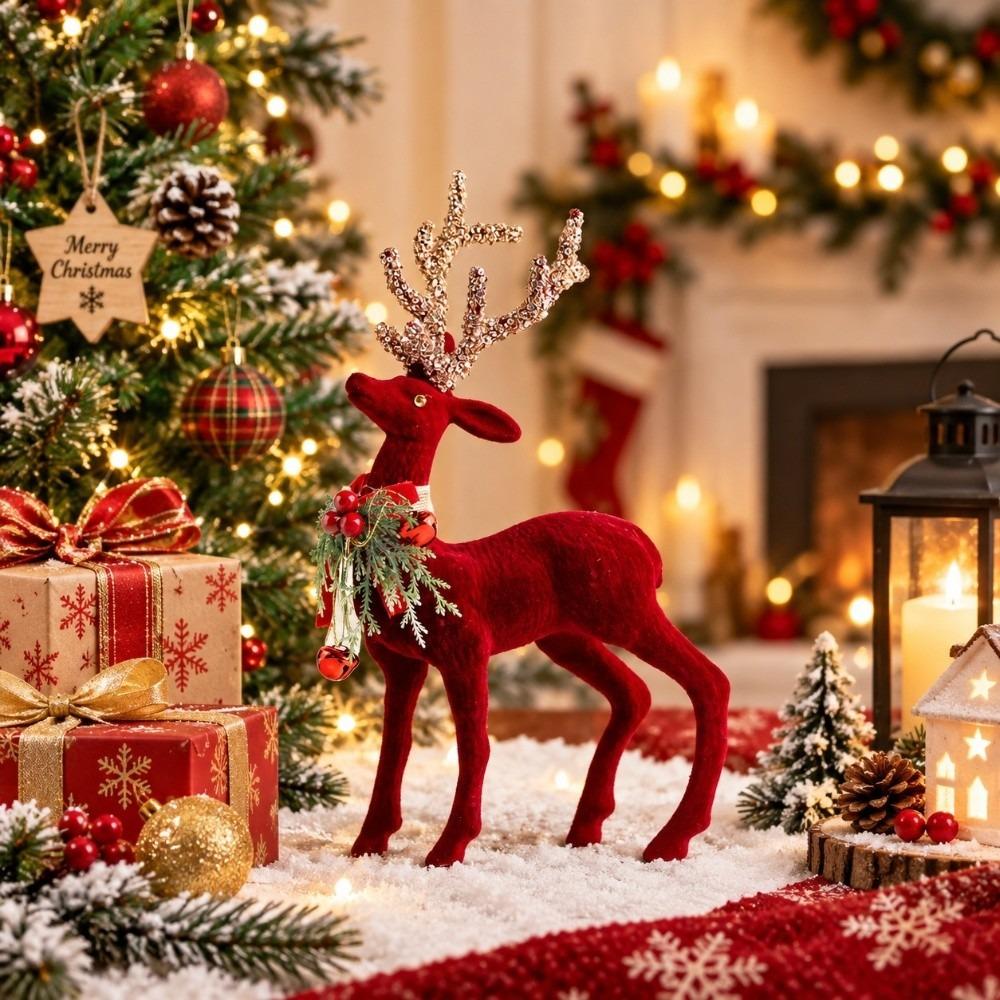 Shiny Antlers Xmas Reindeer Statue Exquisite Glitter Bowknot Deer Christmas Elk Figurine Gift