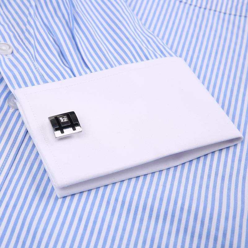 Мужские классические рубашки в полоску с французскими манжетами и одним накладным карманом, стандартные свадебные рубашки с длинными рукавами (Запонка в комплекте)