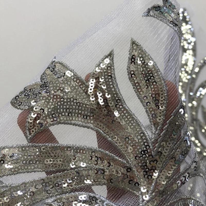 Silver Lace Fabric Embroidered Gown Appliques Flora Collar Mesh Baroque Vintage Sew On Patches For Wedding Decoration Dress DIY