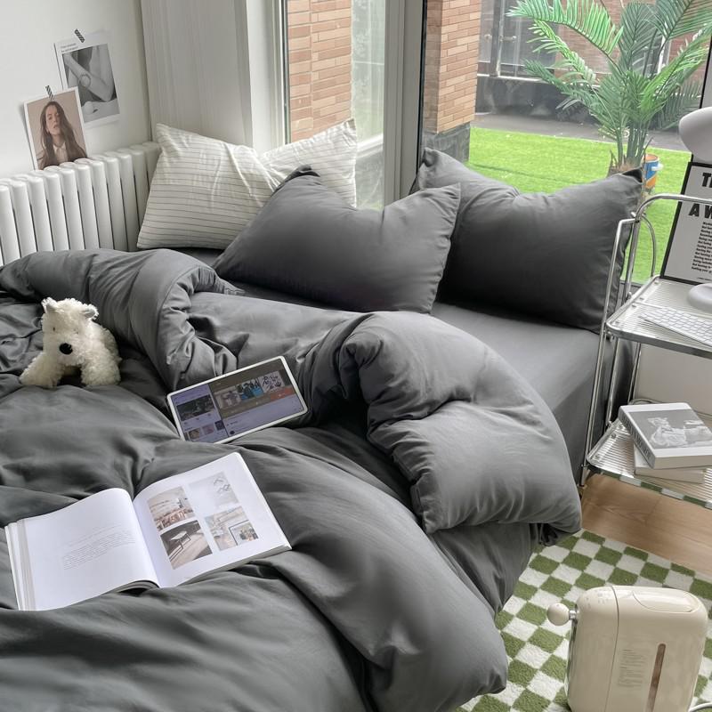 Однотонный Комплект Пододеяльника из Мягкой Микрофибры с Эффектом Стирки 4 Предмета на Двуспальную/Полуторную/Королевскую Кровать с Застежкой-Молнией 1 Пододеяльник 1 Простыня 2 Наволочки