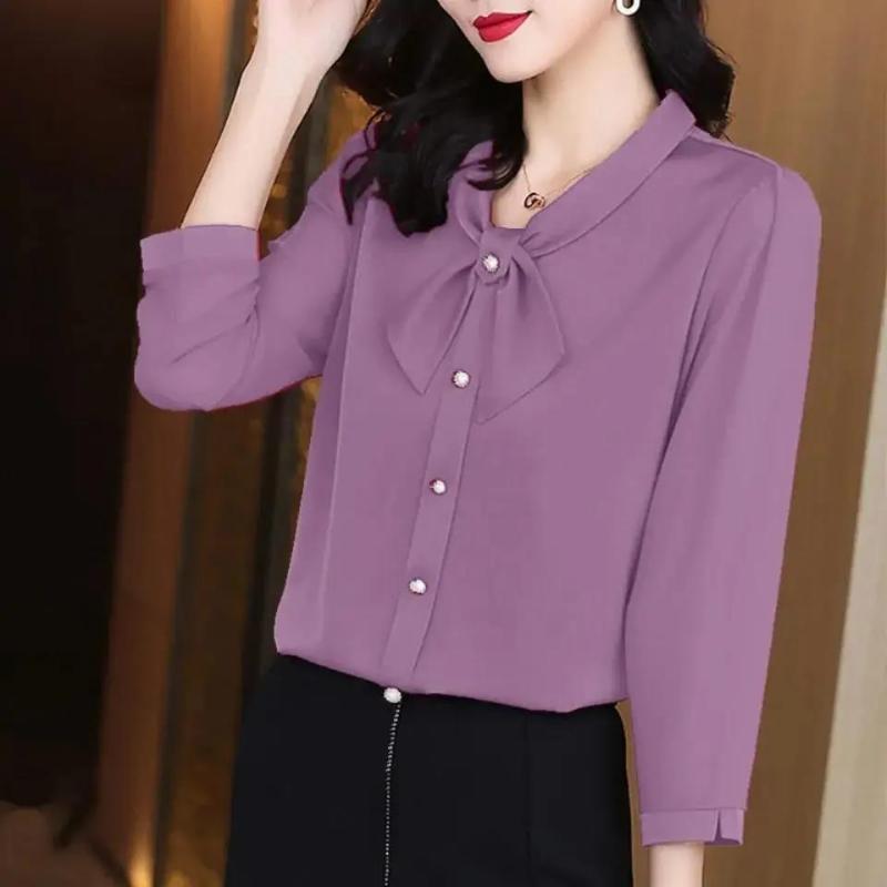 Fashion Classic Solid Color Single-breasted Blouse Women Long Sleeve Temperament Scarf Collar Slim Office All-match Lady Shirt