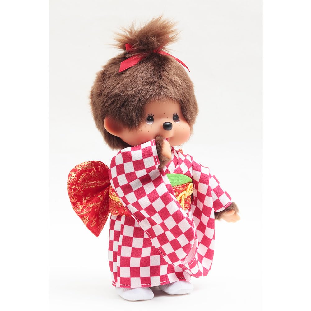 Kyugetsu Monchhichi Girl Doll in Red Checkered Kimono, IPM-13-Z