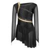 Girls Mesh Long Sleeves Strappy Back Shiny Rhinestones Asymmetrical Figure Skating Dress Built-in Briefs Dancewear