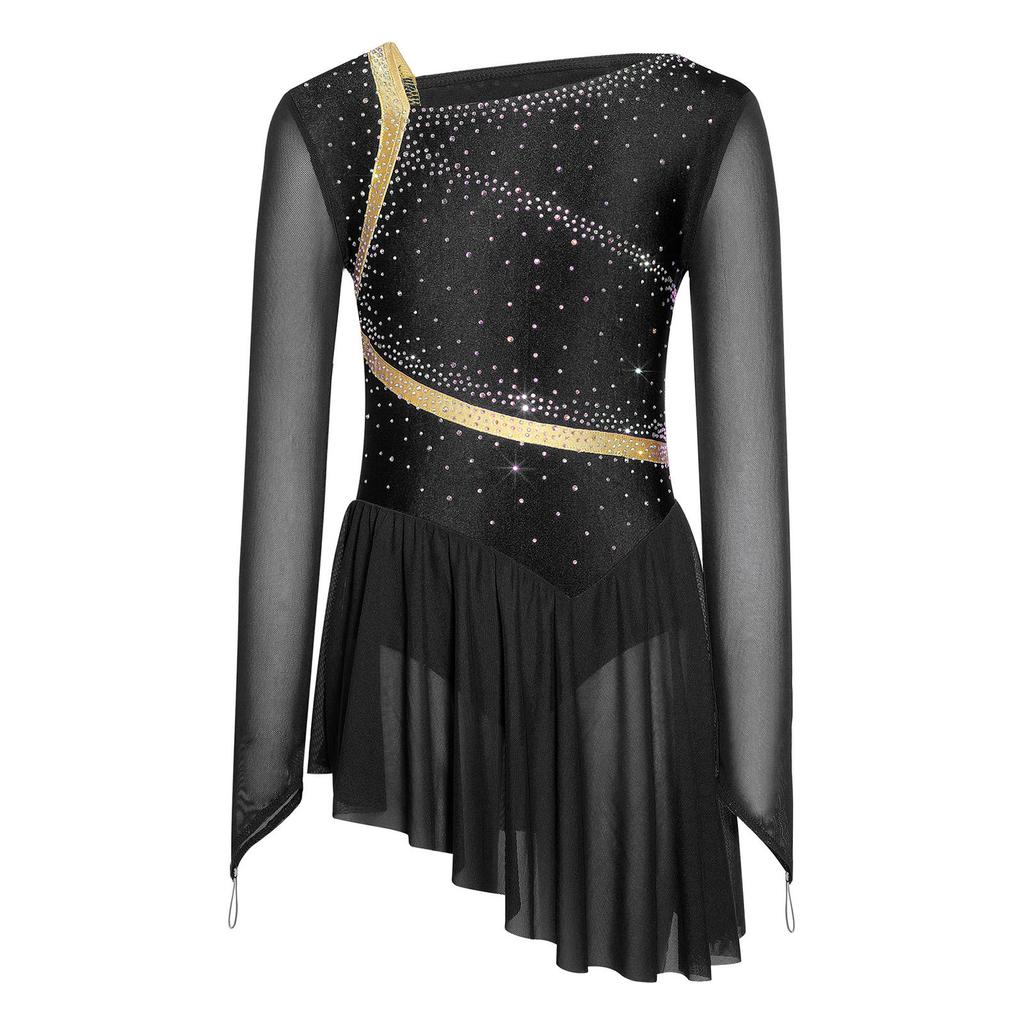 Girls Mesh Long Sleeves Strappy Back Shiny Rhinestones Asymmetrical Figure Skating Dress Built-in Briefs Dancewear