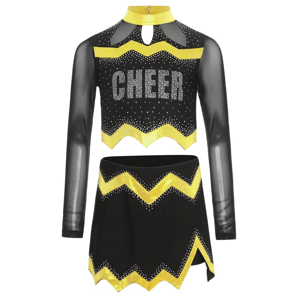 Girls Cheerleader Uniform Long Sleeve Crop Top Hollow Out Design Rhinestone Details Matching Dance Skirt Outfit