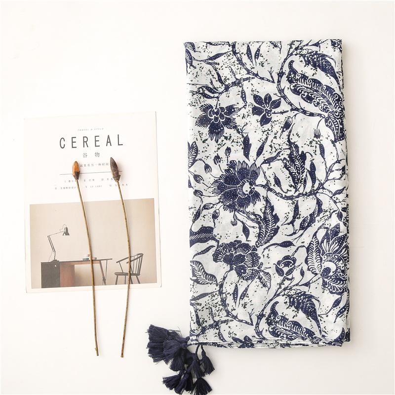 Четыре сезона экзотический ретро этнический стиль синий и белый фарфор тибетский зеленый сухой лист шелковый шарф длинный косичка борода шарф хлопок и конопля текстура