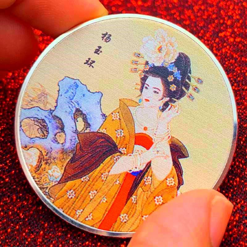 Chinese ancient beauty Diao Chan silver plated painted commemorative medal, Princess Yang Yuhuan coin, 45mm commemorative coin