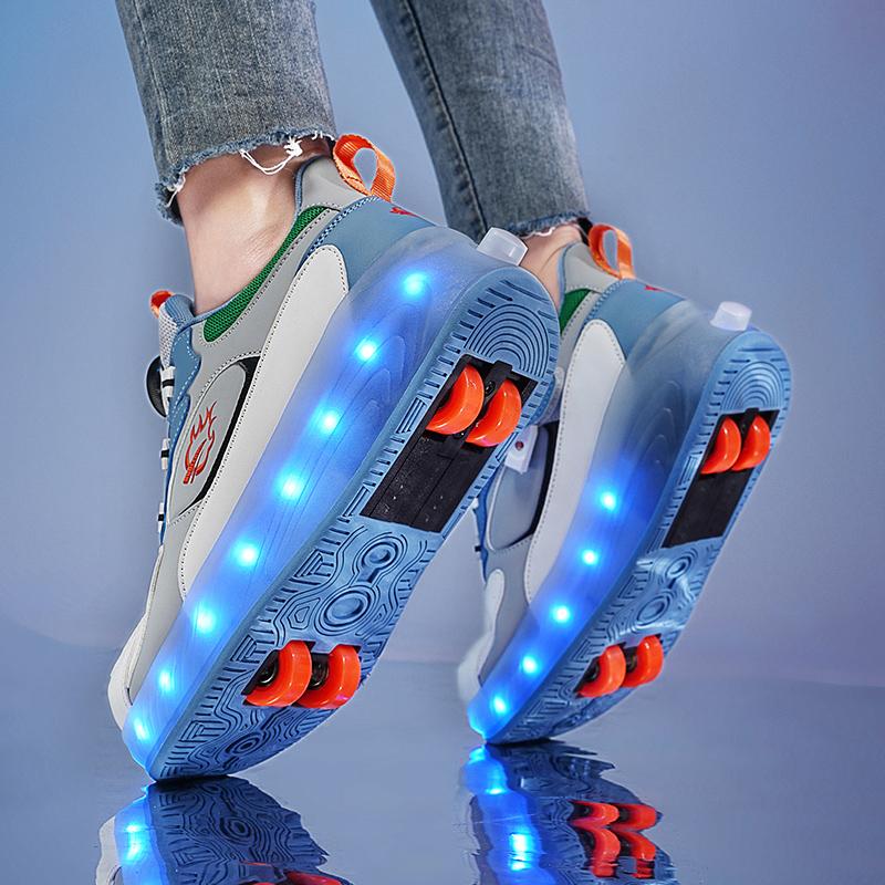 Детская спортивная обувь с подсветкой, перезаряжаемые двухрядные четырехколесные коньки, походная обувь, спортивная обувь для досок