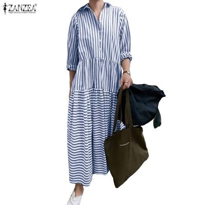 Женское повседневное платье-рубашка в полоску с длинным рукавом и отложным воротником