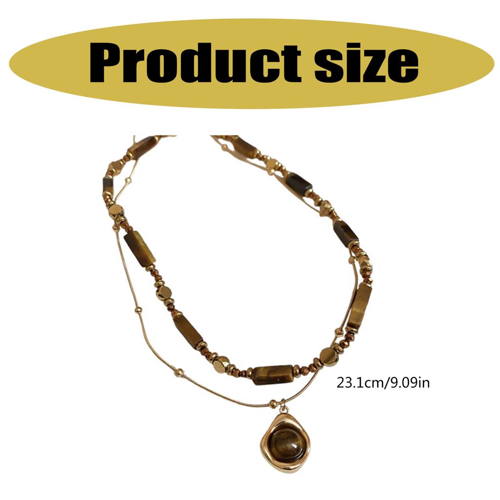Fashionable Double Layer Collarbone Necklace Featuring Tigers Eye Stone Pendant in Vintage Styles for Trendy Women