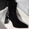 Fashion Pointed Toe Suede Chelsea Boots Mid Calf High Heels Chunky Shoes 2024 Winter Fashion Party Shoes Pumps Sexy Trend Femme Shoes