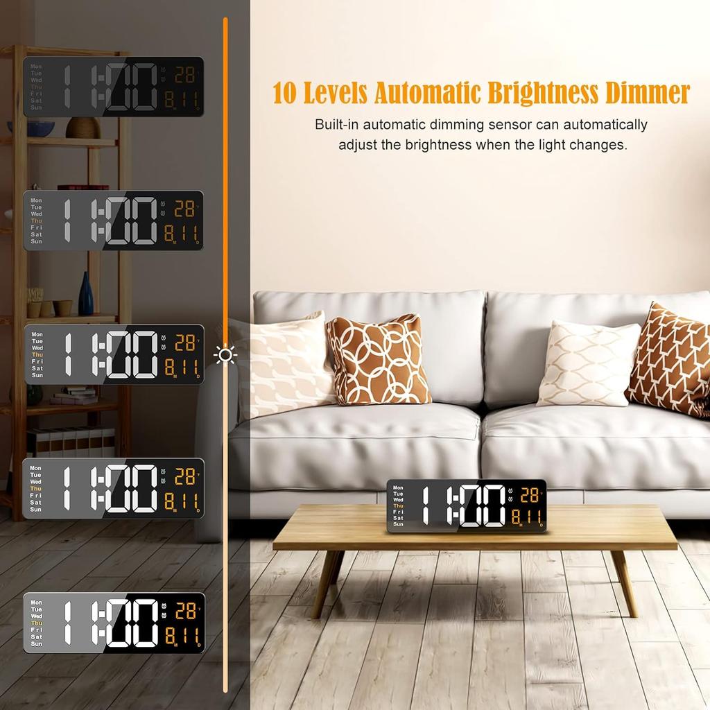13-дюймовые цифровые настенные часы со светодиодной подсветкой, часы с дистанционным управлением и календарем, 12/24 ч, отображение даты, температуры