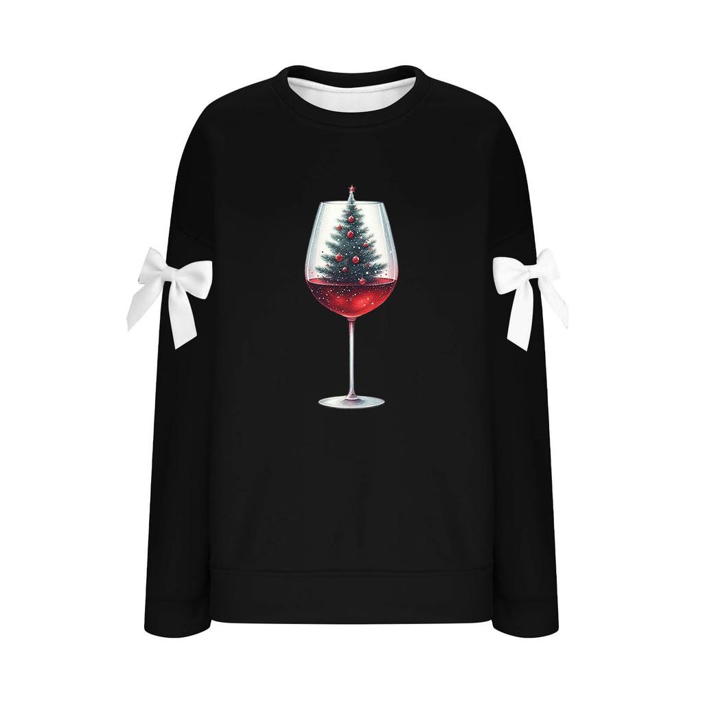 Ladies' Christmas Printed Bow Round Neck Long Sleeved Loose Pullover Sweater Sweatshirt Top