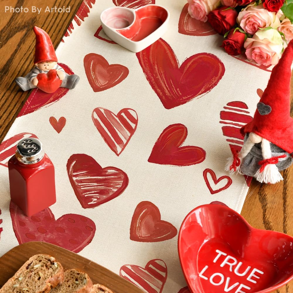 Artoid Mode Red Buffalo Plaid Love Heart Valentine's Table Runner, Anniversary Kitchen Dining Table Decoration for Home Party Decor 13x72 Inch