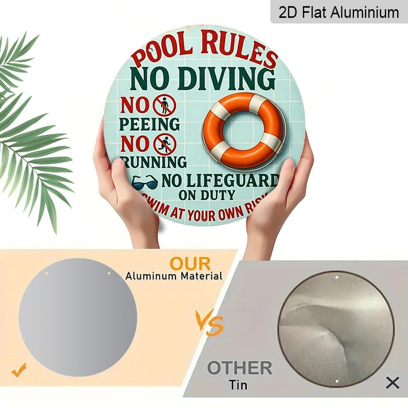 2D Flat, 1pc Round Aluminum Hanging Sign, Funny "Pool Rules No Lifeguard On Duty" Print, Durable Outdoor Wall Decor, Perfect for Poolside, Backyard