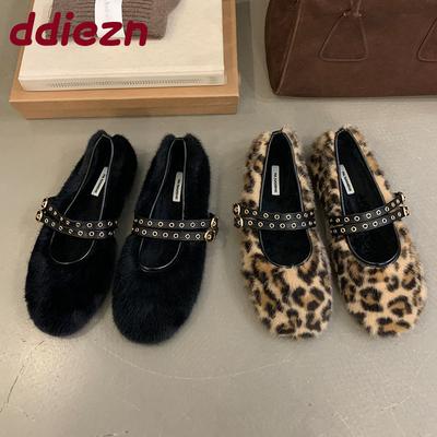 Мода Мода Круглый Носок Женские Мэри Джейн Балетки Меховые Туфли Женская Пряжка Ремешок Обувь Теплые Женские Балетки Мелкие Туфли