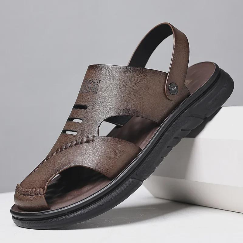 Men's Genuine Leather Summer Sandals – Breathable, Casual, Soft Beach Shoes for Outdoor Wear
