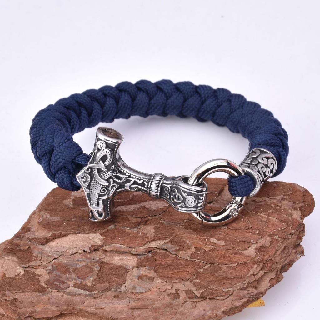 Мужской браслет из нержавеющей стали с молотком Тора викингов, зонтик, веревка, плетеный браслет с обратным масштабом, браслет с узлом