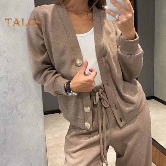 2 Pcs/Set Women Shirt Pants Set V Neck Single-breasted Long Sleeves Knitted Loose Top Drawstring Elastic Waist Wide Leg Trousers Sport Tracksuit