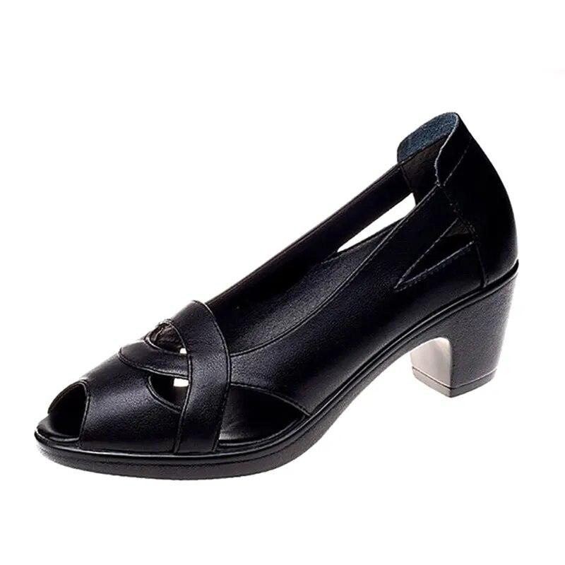 Женская мода Peep Toe Высококачественные летние черные кожаные туфли Женские повседневные удобные летние сандалии с открытым носком