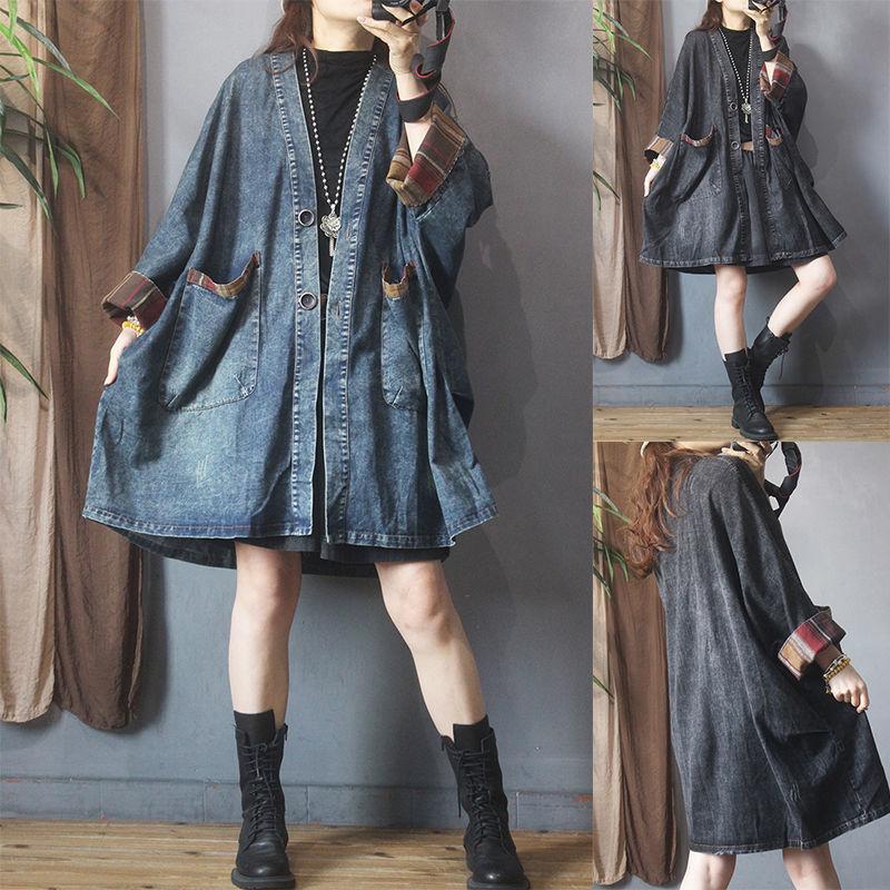 Осенние женские роскошные длинные куртки Женская мода Винтаж Свободные джинсовые плащи больших размеров Женские повседневные ветровки с v-образным вырезом в стиле панк