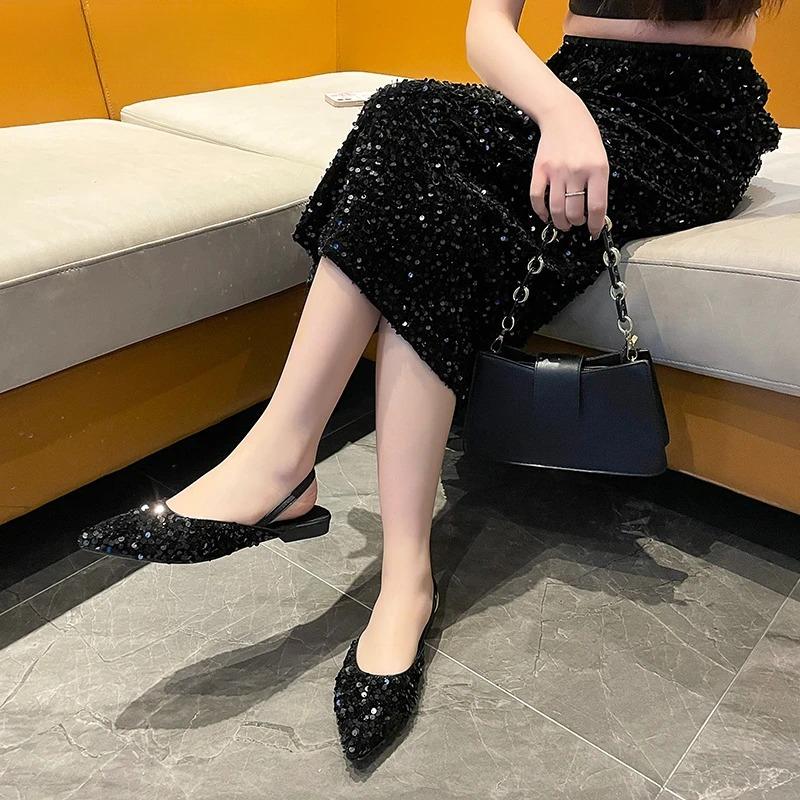 Мода 2025 Новые Летние Женские Сандалии с Закрытым Носком Модные Туфли-Слипоны с Пайетками Женские Элегантные Вечерние Платья Балетки Сандалии