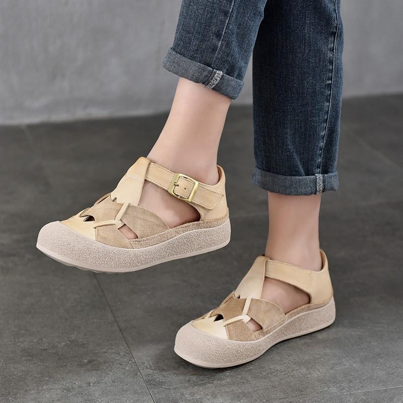 Johnature Round Toe Hollow-out Flat Sandals Genuine Leather Breathable And Comfortable Women's Shoes