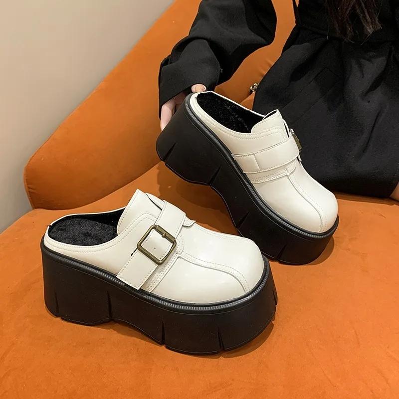 Fashion Fashion 8cm Winter Warm Women Zandalias De Mujer Females Buckle Platform Slippers Wedge Flat Sandals Slides Shoes Student-shoes