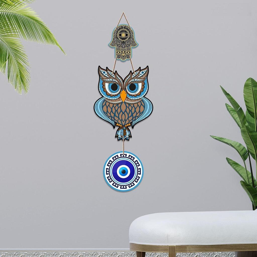 Деревянное настенное украшение в форме совы на удачу и процветание для домашнего декора | Украшение «Рука Хамсы» для гостиной | Современное произведение искусства | Дизайнерский предмет из МДФ | Дверной декор